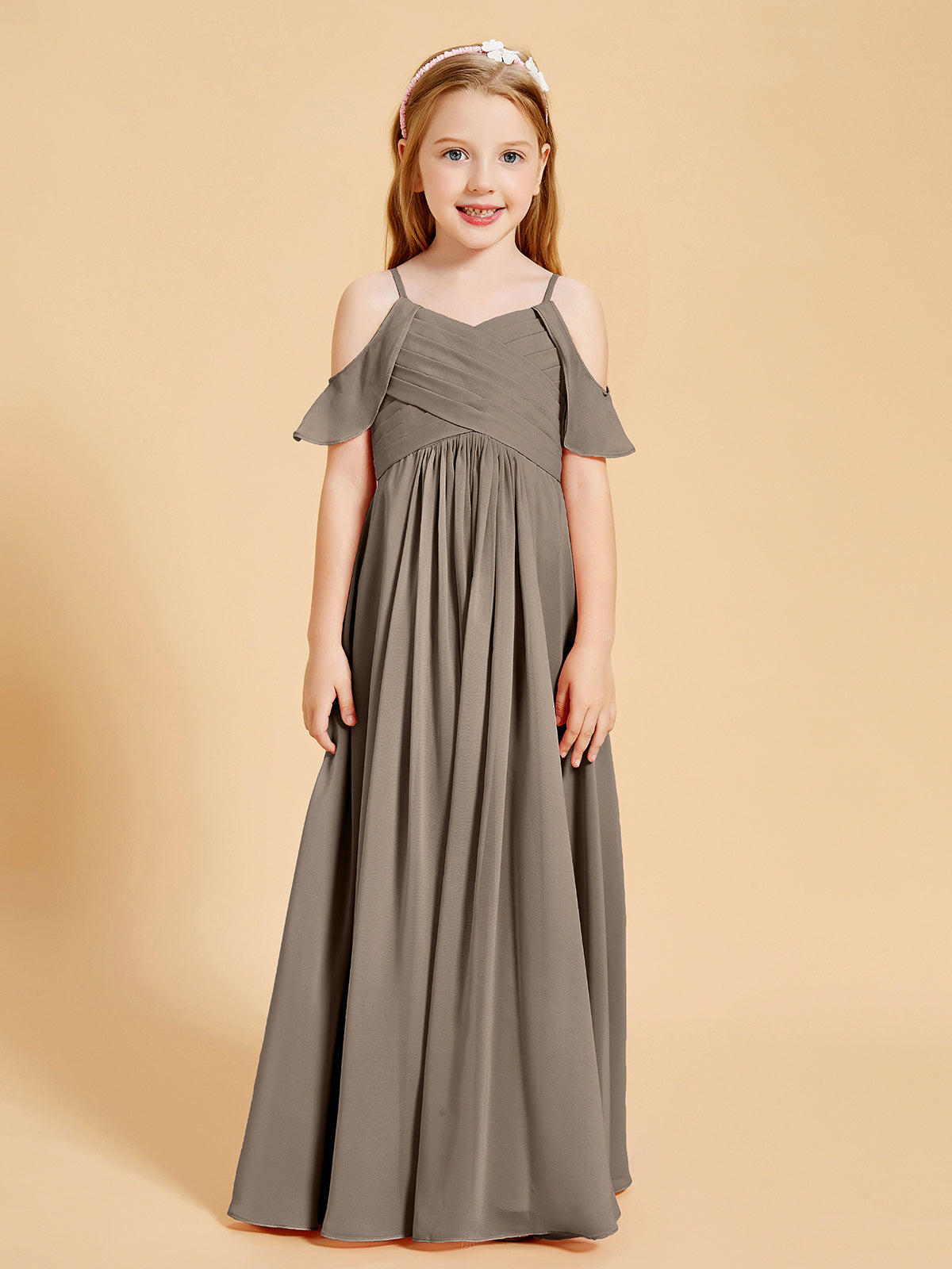 Off-the-Shoulder Bridesmaid Gown for Juniors Taupe